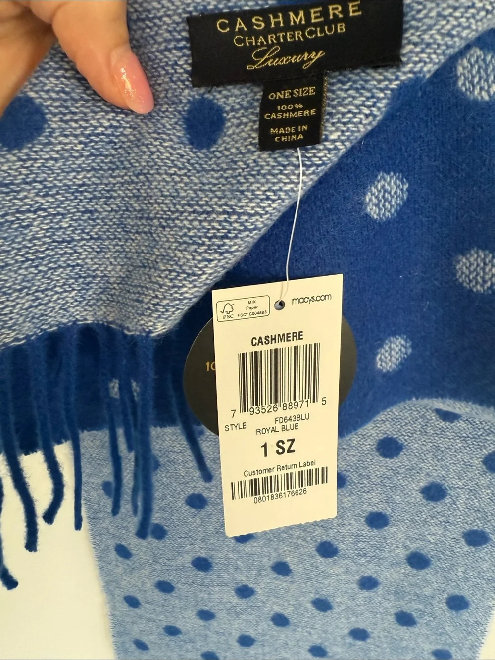 NWT Charter Club Luxury 100% Cashmere reversible Scarf Blue Polka Dot NEW 62x12”